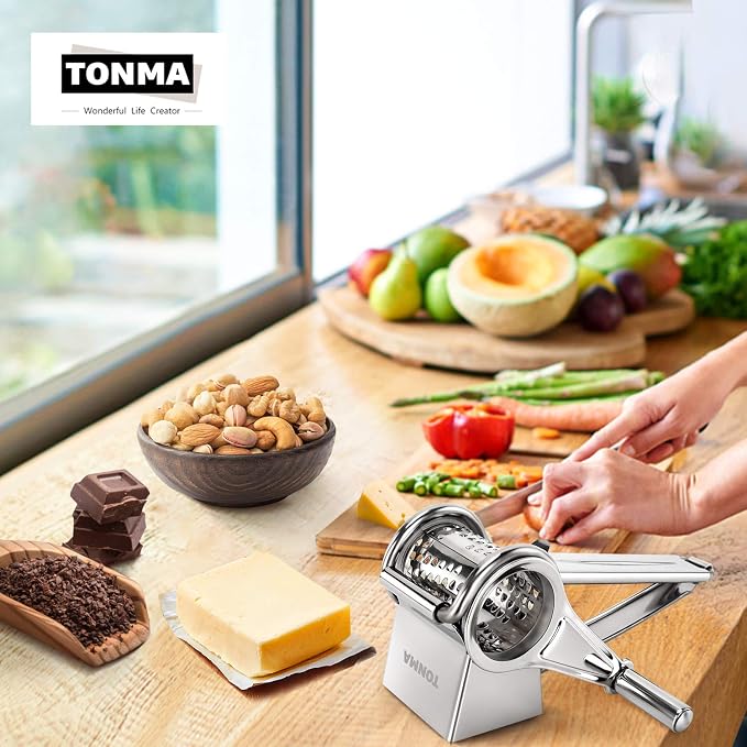 TONMA Multipurpose Rotary Cheese Grater with 1 Stainless Steel Handheld Drums for Parmesan, Mozzerella, Vegetables and More, Ergonomic Design