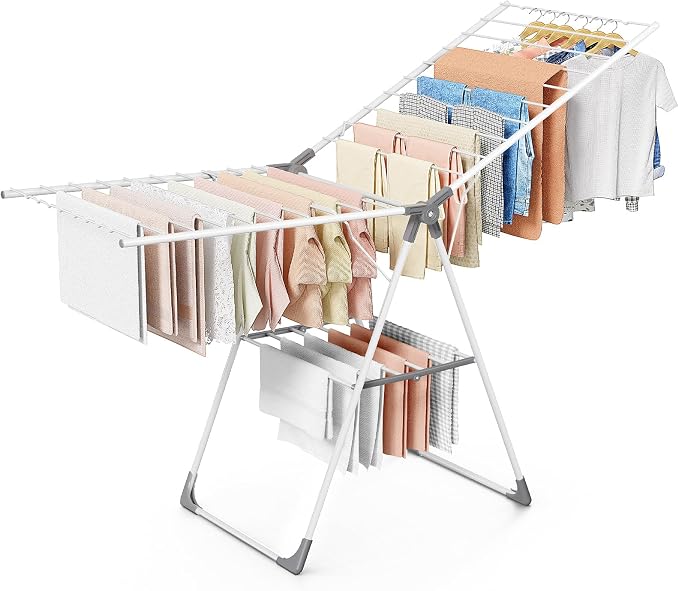 Sakugi Clothes Drying Rack, 69.5" Adjustable Wings, Foldable Design | Laundry Room, Bedroom, Outdoor & Indoor Use, Height Adjustable, Collapsible, White Gray, 69.5" L × 22.8" W