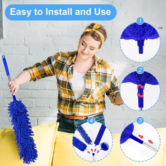 Duster with Extension Pole - Blue | 5-in-1 Kit Dusters for Cleaning, Extendable Duster with 100 Inches, Microfiber Dusters for Ceiling Fans, Furniture, Blinds