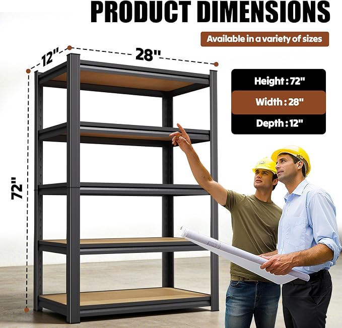 72''H Storage Shelves, 2000lbs Garage Shelving,Adjustable Heavy Duty Shelving Unit,5T Tall Garage Shelves，Wood Metal Standing Shelf Units,Utility Rack for Kitchen 72''H*28''W*12''D