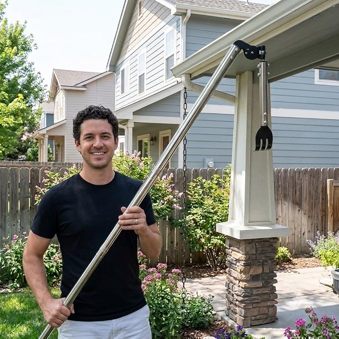 Gutter Cleaning Tools from the Ground, 8.5 FT Dual-Axis Spring Steel Gutter Cleaner, Adjustable Length Gutter Cleaning Pole with Gutter Rake for Leaves, Muck and Roof Debris | Dual-Axis Angle Adjustment