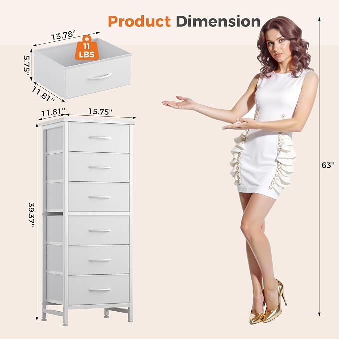 Sweetcrispy Tall Fabric Dresser for Bedroom, 6 Drawer Chest of Drawers | Narrow Storage Tower with Wood Top and Metal Frame, Vertical Nightstand for Closet, Bedroom Organization Furniture, White