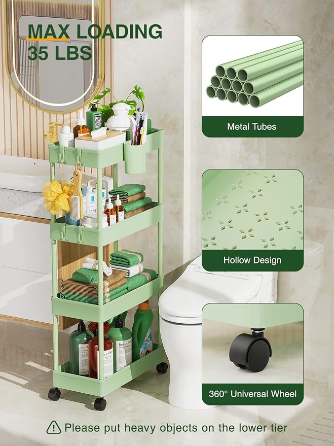 LEHOM Slim Rolling Storage Cart - 4 Tiers Bathroom Organizer Utility Cart | Slide Out Storage Shelves Mobile Shelving Unit for Kitchen, Bedroom, Office, Laundry Room, Small Narrow Spaces (7.1" W+Green)