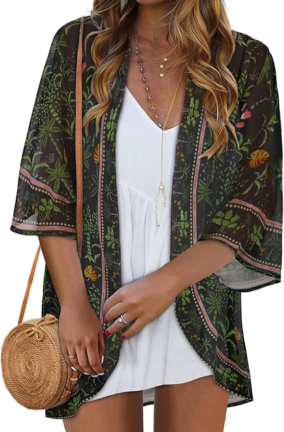 Women Kimono Cardigans Summer Cover Up Hawaiian Shirts Floral Print Tops | ROSEMIA chiffon kimono open front cardigans, beach cover ups, daily casual tops, cruise outfits, summer resort wear