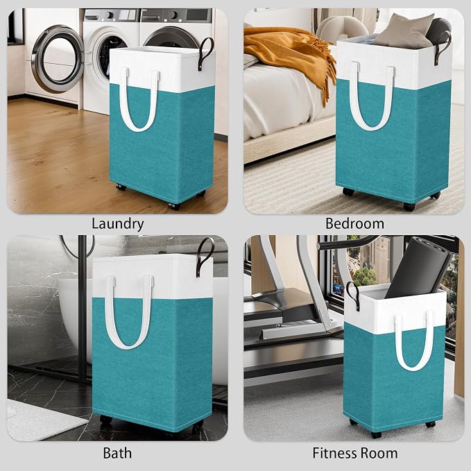 HomeHacks 90L Rolling Laundry Basket with 4 Wheels Collapsible Green | 4 Wheels, Waterproof PEVA Lining, Cotton Flax Fabric, Metal Frame, Bathroom Laundry Room Dorm Storage, Space-Saving Design