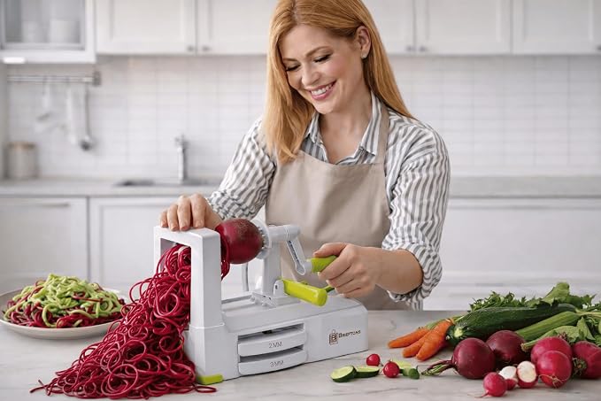 Brieftons 7-Blade Vegetable Spiralizer: Veggie Noodle Maker with Curly Fry & Crinkle Chip Blades, Catch Container, Keep-Fresh Lid, Blade Caddy, 4 eBooks | Low Carb, Vegan, Gluten-Free, Keto, Paleo
