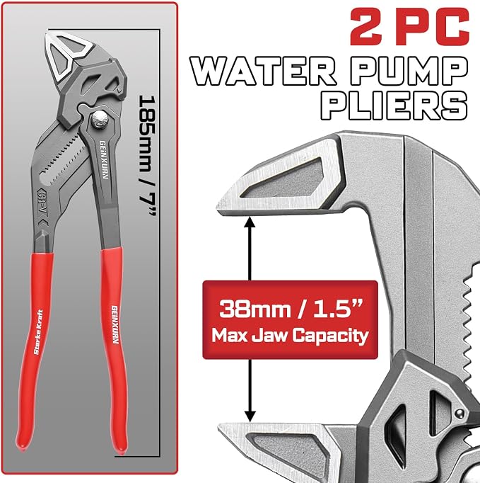7-Inch Pliers Wrench, 2PCS Smooth V-Jaw Pliers with 15-Position Push-Lock, Fast Adjustable Slip Joint Pliers Set for Plumbing, Home Repair, and Pipe Fittings