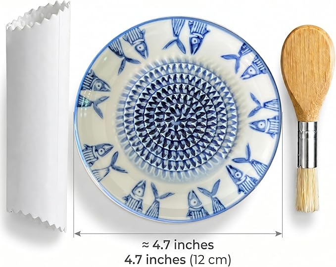 Handcrafted Ceramic Garlic Grater Plate 4-Pc Set, 4.72" Handmade Porcelain Grinding Dish with Wooden Boar Bristle Brush & Textured Silicone Peeler, Ocean Blue Hand-Painted Fish