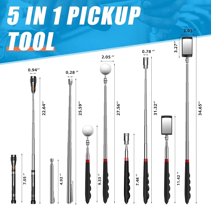 5 PCS Magnetic Pickup Tool Set, 1lb & 15lb Pick Up Rod, Magnetic Flashlight Pickup Tool, Round and Square 360 Swivel Adjustable Inspection Mirror, Mens Gifts for Him, Birthday Gifts for Men Women Dad