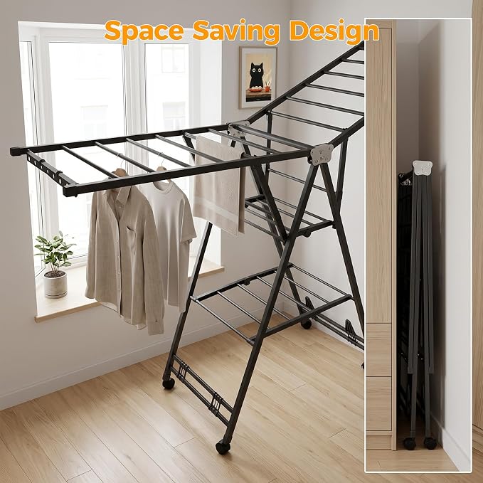 Clothes Rack, 3-Tier Drying Hanger, for 30 Pieces+, Foldable and Space Saving, Portable, Indoor or Outdoor Use, Solid Metal Clotheshorse, Nice for Mum, Gray(1.6 m Wing Length)