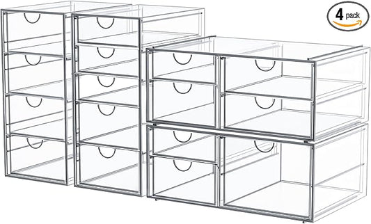 caktraie Makeup Organizer Storage with 16 Drawers, 4 Pcs Desktop Office Supplies, Desk Organizers, Clear Accessories, Dustproof Storage Drawer and for Make Up, Jewelry, Pen, Stationary
