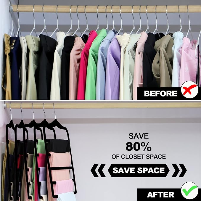 Closet Organizers and Storage, 5 Pack Velvet Pants-Hangers-Space-Saving | Non Silp 5 Tier Scarf Jeans Organizer, Dorm Room Essentials for College Students Girls Boys Guys, Home Storage