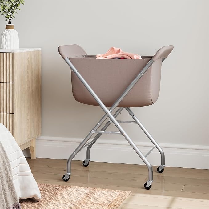 ELYKEN Laundry Basket with Wheels, Collapsible Laundry Hamper, Camel Brown | Removable Liner Bag, Foldable Design, Sturdy Metal Frame, 4 Casters, 32”H Laundry Cart for Bedroom, Bathroom & Laundry Room
