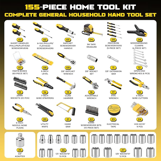 155PCS Household Tool Set with Toolbox Ratcheting Screwdriver Sockets | Includes pliers, hammer, level, tape measure | Portable home repair kit | For garage, car, DIY projects