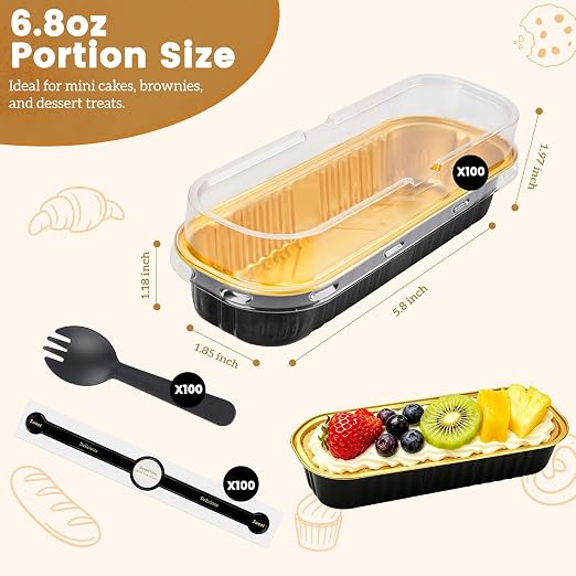 NPLUX 100 Pack Mini Cake Pans with Lids and Spoons Black Gold Rectangular Aluminum Foil Baking Pans Mini Cheesecake Containers, Graduation Gifts Party Favors(6.8oz)