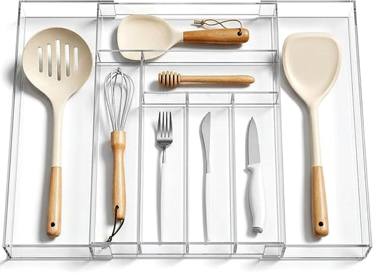 Teenyyou 1 Pack Expandable Kitchen Drawer Organizer Clear Acrylic Utensil Organizer Adjustable Acrylic Silverware Storage for Drawers Silverware Flatware Knives (12 x 16 Inches,6-8 Compartments)