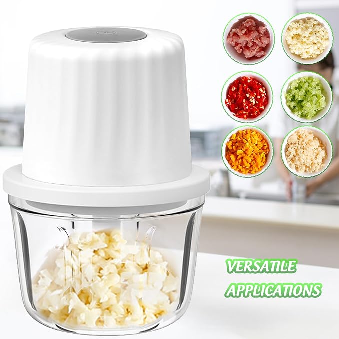 Mini Electric Garlic Chopper 300ML GLASS Food Processor Cordless | Type-C Rechargeable Mincer Chopper for Vegetables Puree, 6 Blades, BPA Free, with Scraper Splash Guard Charging Cord