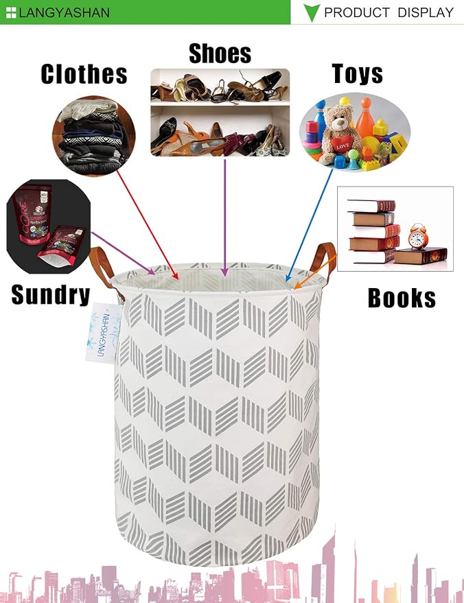 Round Laundry Basket Collapsible Storage Hamper Organizer Gery Wave | Waterproof Canvas Foldable Baskets with sturdy Handles Multi-scene Organizer for Home Play Bedroom Gift Bin
