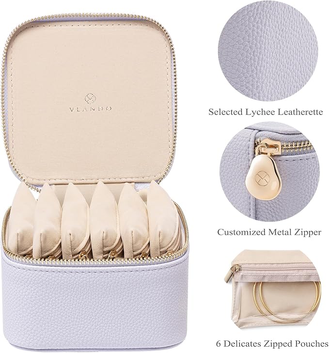 VLANDO Travel Jewelry Box Organizer – Portable PU Leather Jewelry Case with 6/8/12 Zippered Pouches, Compact Storage for Earrings Rings Necklaces Bracelets, Lilac Purple