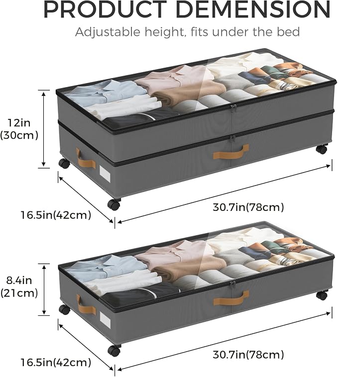 75L 2 Pack Adjustable Under Bed Storage with Wheels | Underbed containers with clear lids, rolling under bed shoe storage organizer for dorm home clothes, blankets, shoes, Grey