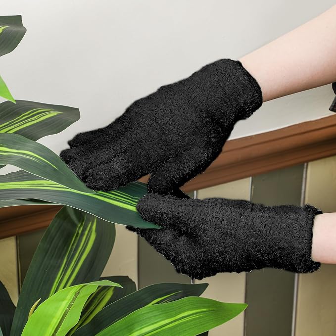 Patelai 6 Pairs Microfiber Plant Dusting Gloves Leaf Cleaning Gloves for Indoor Plants, Blinds, Furniture, House (Black,Medium)