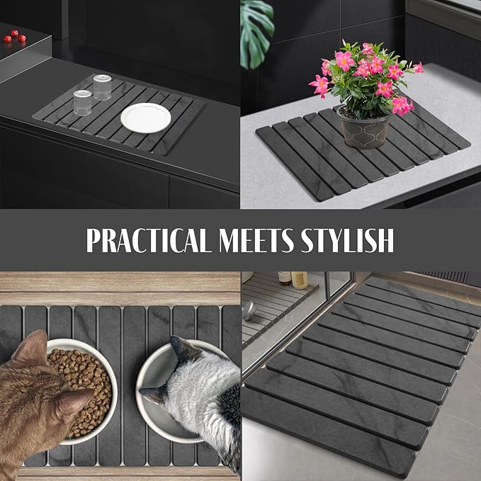 2 PCS Large Stone Dish Drying Mat for Kitchen Counter, 24"×16" Marble-Pattern Dish Drying Mat with 8"x 4" Coasters, Non - Slip Collapsible Absorbent Mat for Multi - Purpose, Match Any Countertop【Gray】