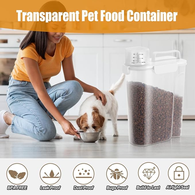 Dog Cat Food Storage Container, Pet Food Pourable Container Airtight with Large Spout & Cup, BPA-Free Plastic Food Dispenser for Pet Food, Bird Seed, Rice, Flour (White, 5L)