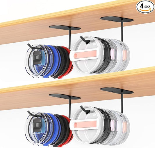 4 Pack Tumbler Lid Organizer, Space Saving Cup Lid Organizer | Yeti/Stanley/Simple Modern Lids Organizer, Self-Adhesive or Drilling Tumbler Lid Hook for Kitchen Organizers and Storage