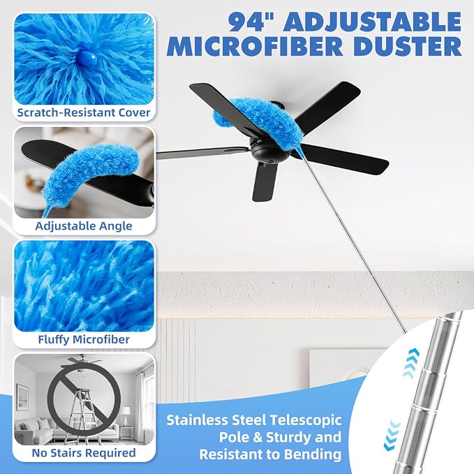 94'' Cobweb Duster with Extension Pole for High Ceiling, Fan | Bendable Microfiber Duster, Spider Web Brush with Telescoping Pole