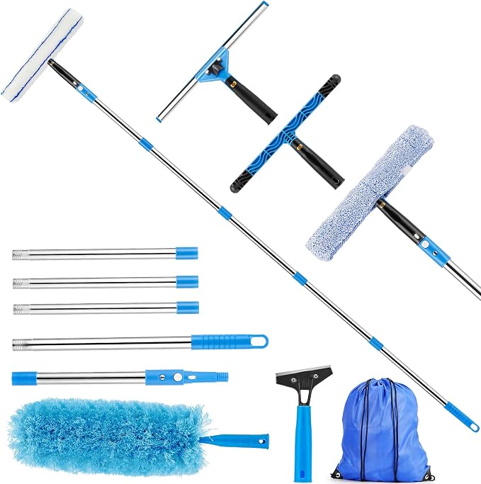 360° Rotating Window Squeegee Cleaner Kit with Extension Pole | Streak-Free Glass Cleaner for High Windows, Shower Doors & Solar Panels, Professional All-in-One Window Cleaning Tools Set