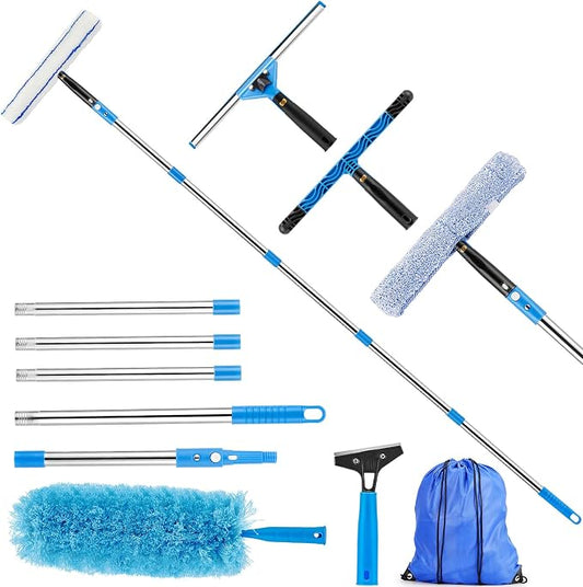 360° Rotating Window Squeegee Cleaner Kit with Extension Pole | Streak-Free Glass Cleaner for High Windows, Shower Doors & Solar Panels, Professional All-in-One Window Cleaning Tools Set