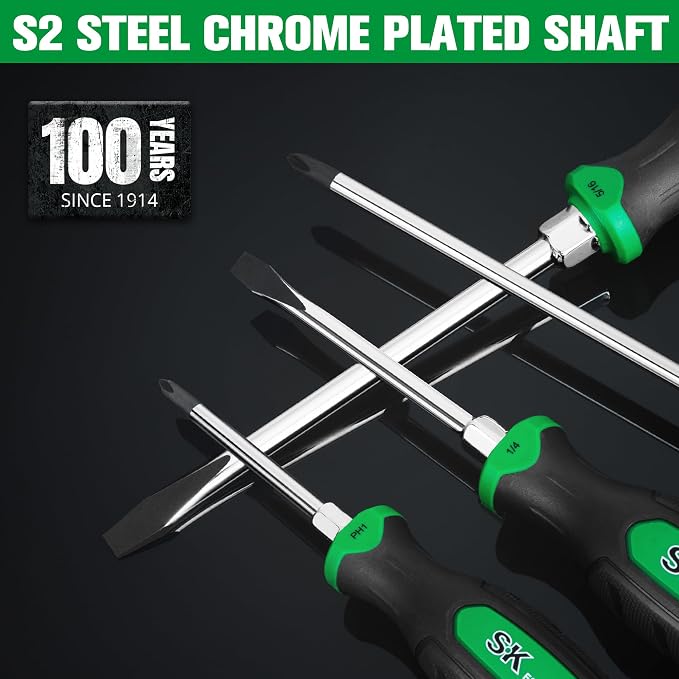 SK 6-Piece Magnetic Screwdriver Set, 3 Slotted & 3 Phillips Screwdrivers | S2 Steel, Heat-Treated Chrome Plating Shaft, Black Oxide Tip, SureGrip Handle