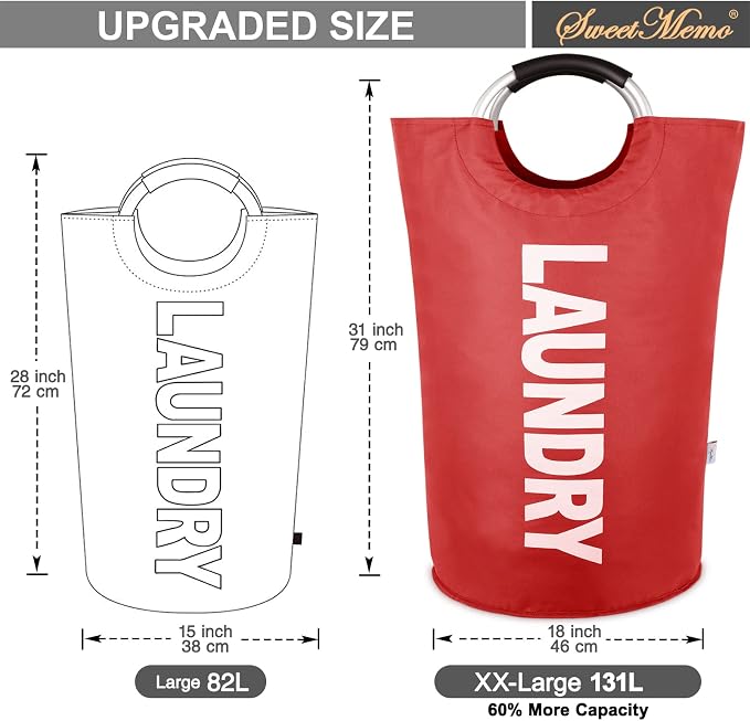 Extra Large Laundry Basket, Big Laundry Hamper Bag with Handles, 130L Red | Freestanding Tall Dirty Clothes Hamper, Collapsible and Portable Laundry Bin for Dorms and Bedrooms, Thick, Sturdy Fabric