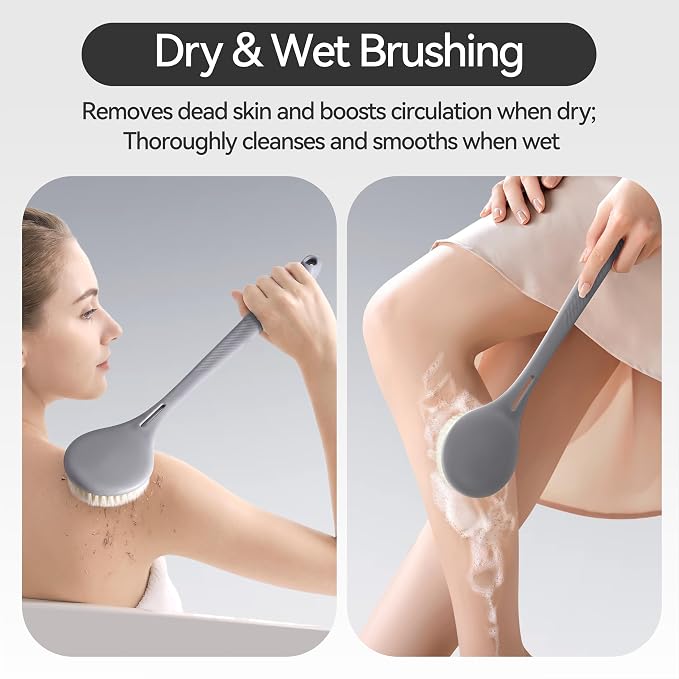 Back Scrubber for Shower for Men Women, Body Brush with Long Handle, Exfoliating Bath Washer with Soft Bristles, Body Exfoliator for Wet or Dry Brushing, Back Scrub Deep Cleaning, Gray