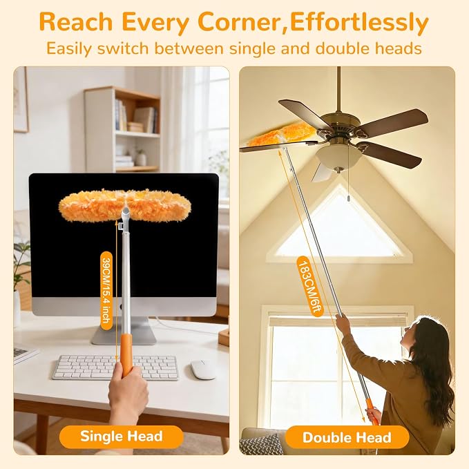 6 ft Heavy Duty Extendable Duster Handle with 50 Refills for Swiffer Duster, 360° Multi-Surface Dusters with 4X Cleaning Power for Home, Ceiling Fans, Windows, Dusting Hard-to-Reach Areas (Orange)