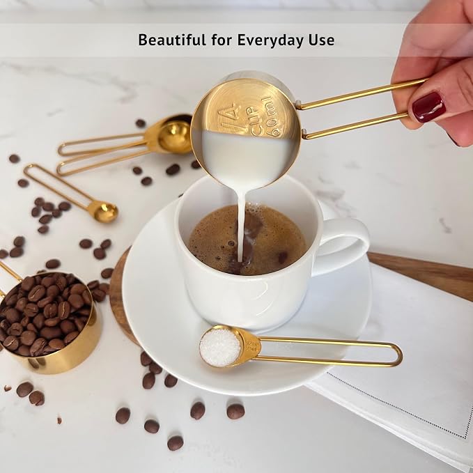 Gold Measuring Cups and Spoons Set, Stainless Steel Measuring Cups, 8 Piece Gold Kitchen Measuring Set, Engraved Measurements, Durable Nesting Design