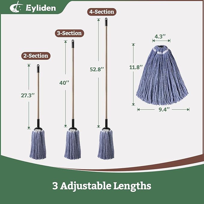 Eyliden Heavy Duty Floor Mop, Non-Touch Replacement, 2 Reusable Cotton Heads, 4 Scouring Pads, Industrial Wet & Dry Mops for Home & Commercial, Kitchen, Garage & Office Floor Cleaning, Blue