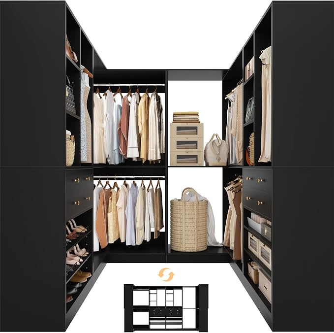 Besiost Closet System with 4 Drawers & Corner Tower, Closet Organizer System with 10 Hanging Robs, Reversible U Shaped Walk-in Closet System, Load 3600+LBS Capacity, Set of 4, Black