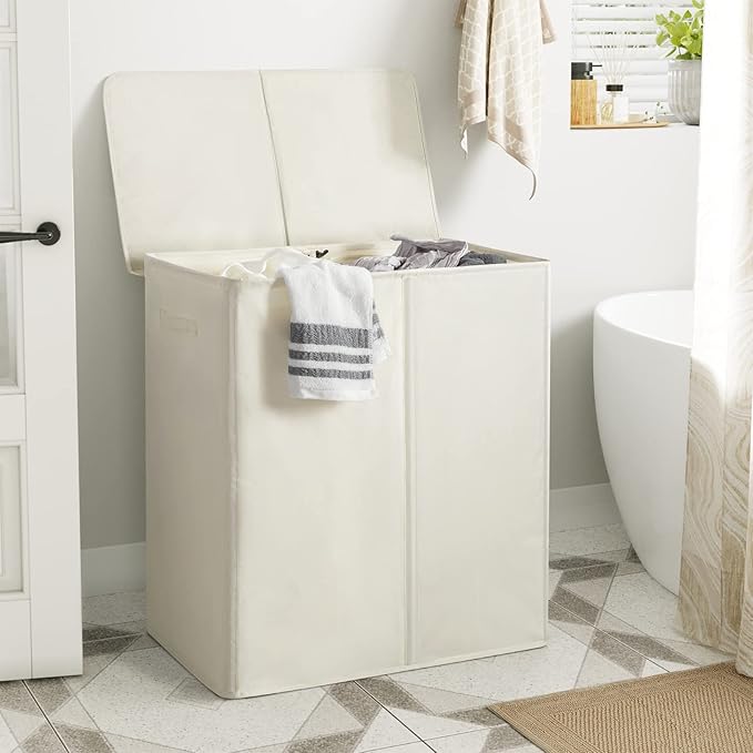 WOWLIVE 154L Double Laundry Hamper 2 Section with Lid and Removable Bags | Divided Laundry Basket, Large Dirty Clothes Hamper with Handle, Collapsible Laundry Storage for Dorm Room, College, Beige