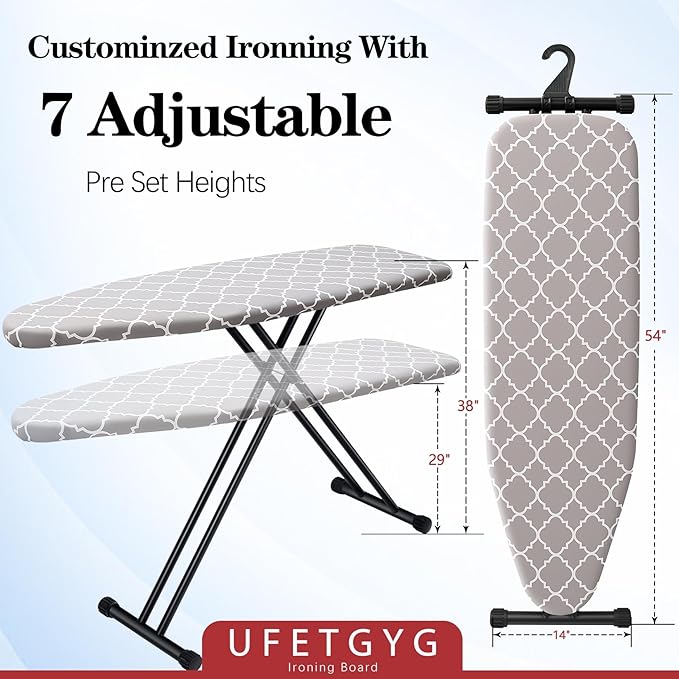 UFETGYG Ironing Board with Silicone Iron Rest pad,Extra Thick Cover,14x54 Compact and Space Saver Iron Board, Height Adjustable,Stable Structure, Easy to Fold, White and Gray