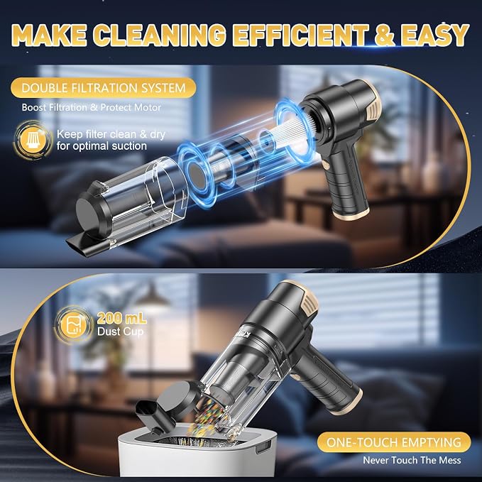 KMM Handheld Car Vacuum Cleaner, 16000PA Hand Held Vacuum & Air Duster | Strong Suction, 120W High Power, Portable, Cordless, Rechargeable, Multi-Nozzles & LED Liht, for Home, Car, Office, Pet