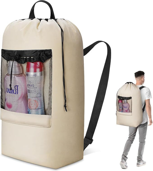 Lifewit Laundry Bag Backpack Travel, 90L, Khaki | Extra Large Bag with Shoulder Straps and Mesh Pocket for Laundromat, Heavy Duty Basket for Dirty Cloth College Dorm Apartment