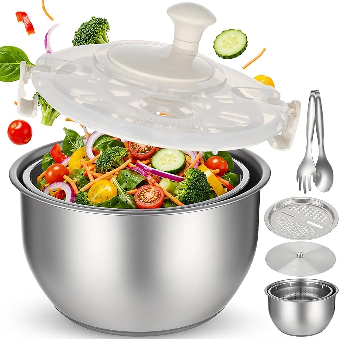 Stainless Steel Salad Spinner Set with Grater and Food Clip, 6L Large Metal Salad Spinner, Fruit Vegetable Dryer with Built-in Drain Spout for Dehydrating Fruit and Vegetable, Pasta (Silver)