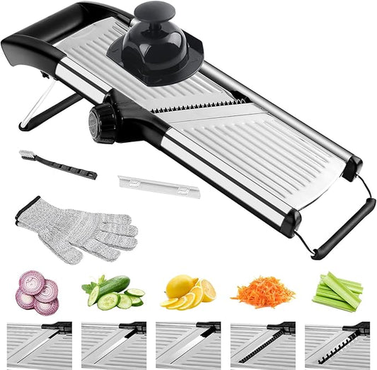 Mandoline Slicer for Kitchen, Adjustable Vegetable Slicer - Stainless Steel | Adjustable stainless steel blade slices potato, onion and tomato evenly; food holder and gloves help make kitchen prep safer.