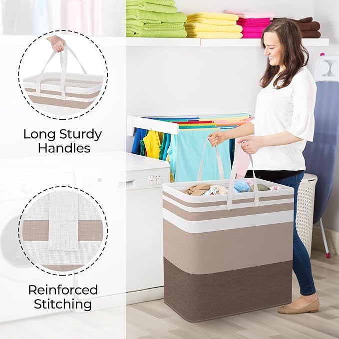 StorageRight Laundry Basket Hamper, 100L Collapsible Clothes Storage, Khaki | Freestanding Clothes Hampers, Foldable design, with Easy Carry Handles, For Laundry, Bedroom, Dorm, Clothing, Towels, Toys