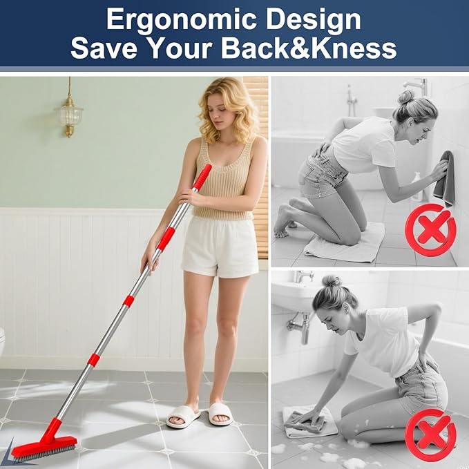 2 Pack Grout Brush with Long Handle, Swivel Cleaning Grout Line Scrubber - Extendable Durable Handle Grout Cleaner Brush for Bathroom,Tile,Baseboard,Walk in Shower,Corner & Narrow Space (Red)
