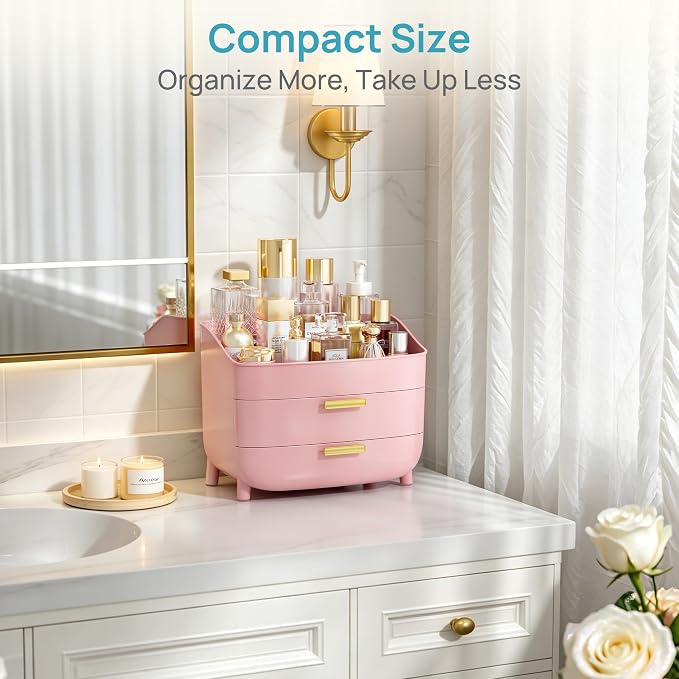 Vtopmart 3-Tier Skincare Makeup Organizer, Pink | With Drawers, For Vanity and Bathroom Countertop, Large Cosmetic Storage Box Case for Dresser, With Non-Slip Base