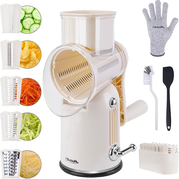 Rotary Cheese Grater with Handle – Includes 5 Stainless Blades and Feature Strong Suction Base – Easy to Clean, Cheese Shredder Hand Crank, Multi-Purpose Slicer (White)