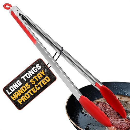 Salad Tongs - 17.3" Extra Long Tongs with Silicone Tip & Stainless Steel Frame for Salad Mixing & Serving, Safe Turning of Steaks, Burgers & Veggies - Easy-Lock Handle, Non-Slip Grip & Storage Loop