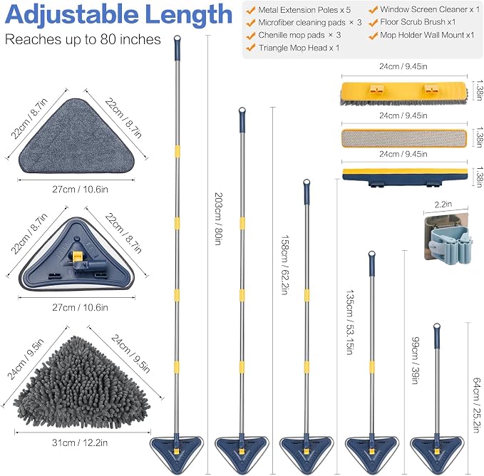Wall Cleaner Mop, 80" Long Handle, 360° Ceiling Cleaning Tool | 5-in-1 Triangle Wall Mop for Painted Walls, Drywall, Baseboard, with Chenille Microfiber (6 Replacement Pad) Brush Scraper